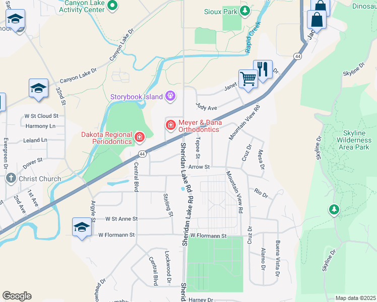 map of restaurants, bars, coffee shops, grocery stores, and more near 2510 Arrow Street in Rapid City