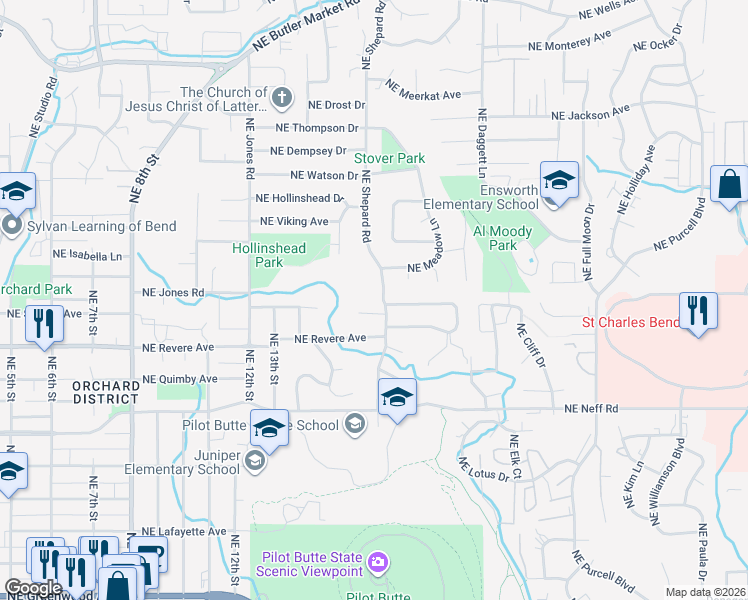 map of restaurants, bars, coffee shops, grocery stores, and more near 1457 Northeast Northview Drive in Bend