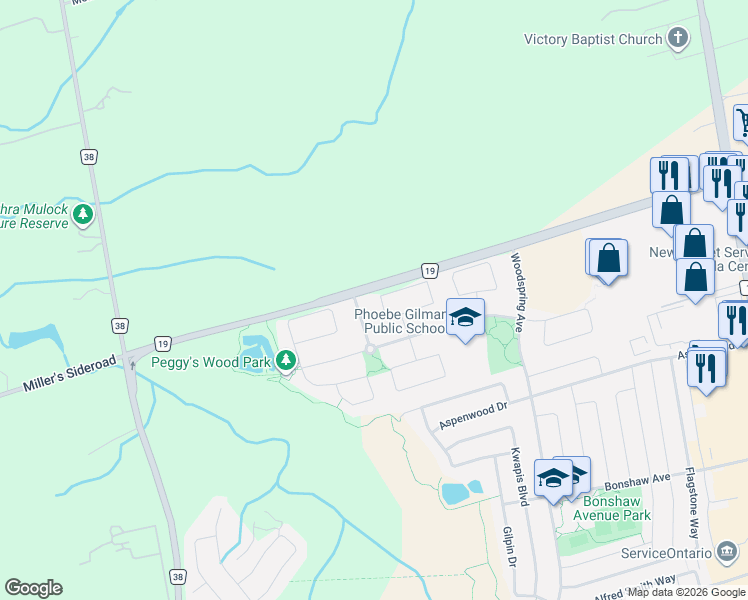 map of restaurants, bars, coffee shops, grocery stores, and more near 42 Courtland Crescent in East Gwillimbury