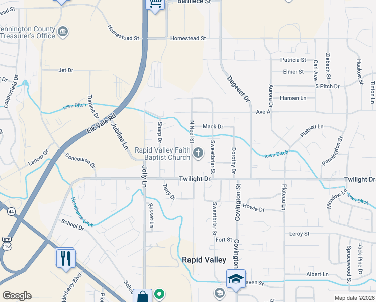 map of restaurants, bars, coffee shops, grocery stores, and more near 1777 North Neel Street in Rapid City