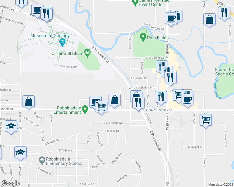 map of restaurants, bars, coffee shops, grocery stores, and more near 1010 East Saint Patrick Street in Rapid City