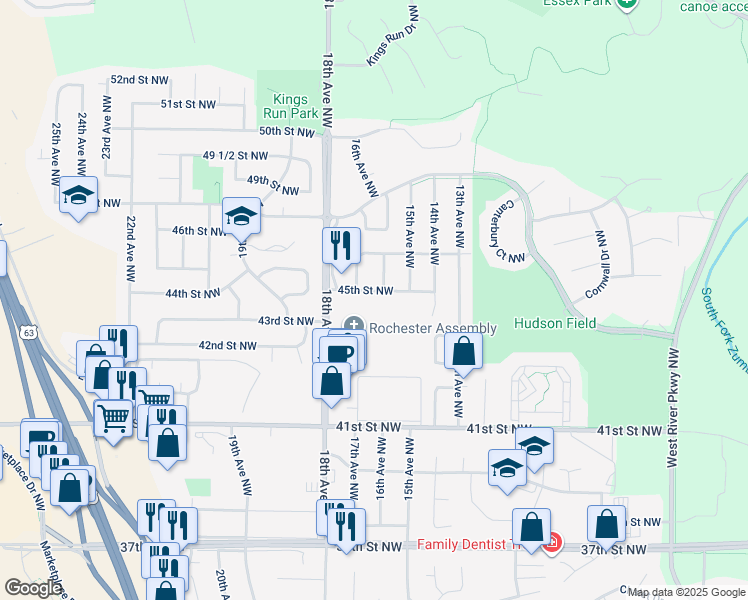 map of restaurants, bars, coffee shops, grocery stores, and more near 1602 45th Street Northwest in Rochester