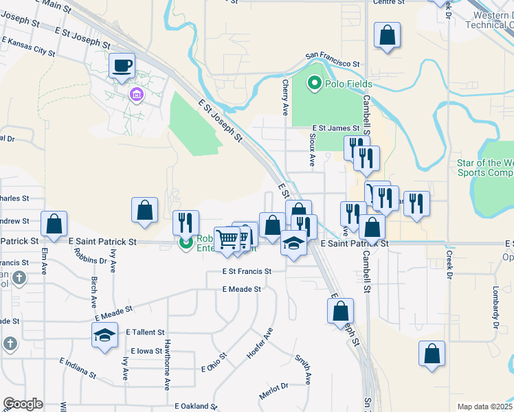 map of restaurants, bars, coffee shops, grocery stores, and more near 1010 East Saint Patrick Street in Rapid City