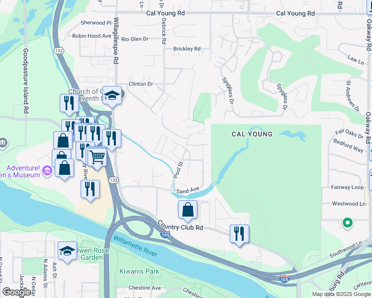 map of restaurants, bars, coffee shops, grocery stores, and more near 834 Pool Street in Eugene
