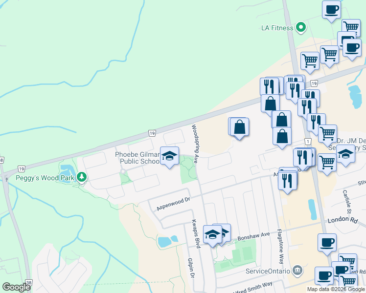 map of restaurants, bars, coffee shops, grocery stores, and more near in East Gwillimbury