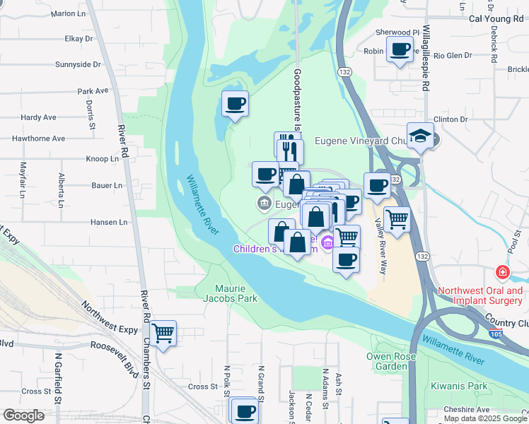 map of restaurants, bars, coffee shops, grocery stores, and more near 499 Valley River Center in Eugene