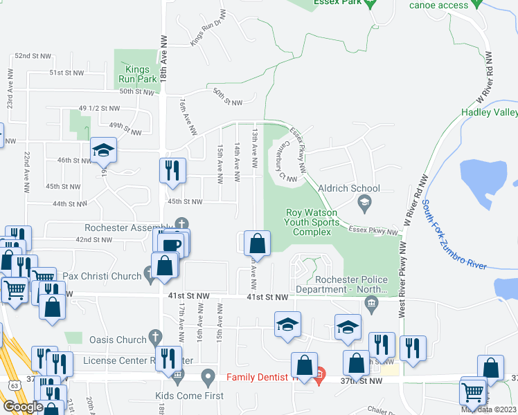 map of restaurants, bars, coffee shops, grocery stores, and more near 4442 13th Avenue Northwest in Rochester