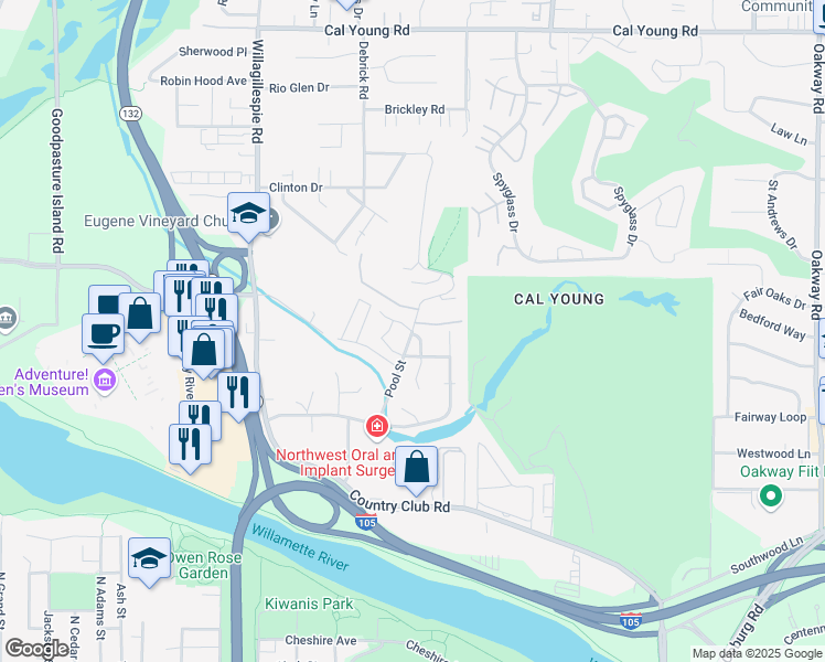 map of restaurants, bars, coffee shops, grocery stores, and more near 838 Pool Street in Eugene