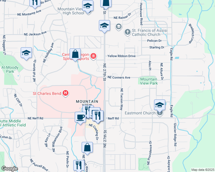 map of restaurants, bars, coffee shops, grocery stores, and more near 1840 Northeast Wichita Way in Bend