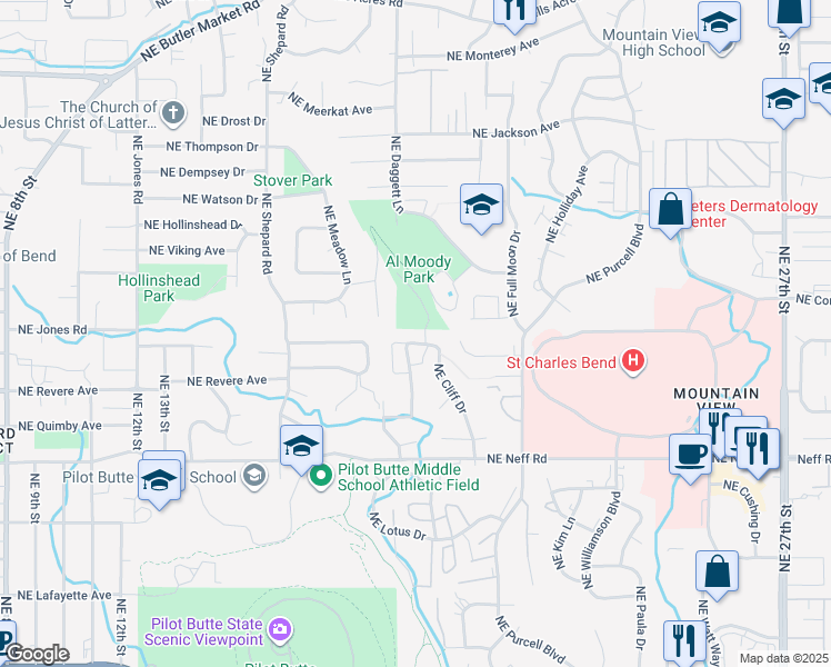 map of restaurants, bars, coffee shops, grocery stores, and more near 1925 Northeast Cliff Drive in Bend