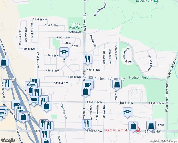 map of restaurants, bars, coffee shops, grocery stores, and more near 1803 43rd Street Northwest in Rochester