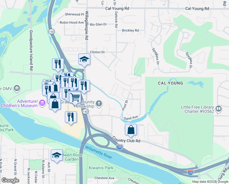 map of restaurants, bars, coffee shops, grocery stores, and more near 1060 Abbie Lane in Eugene