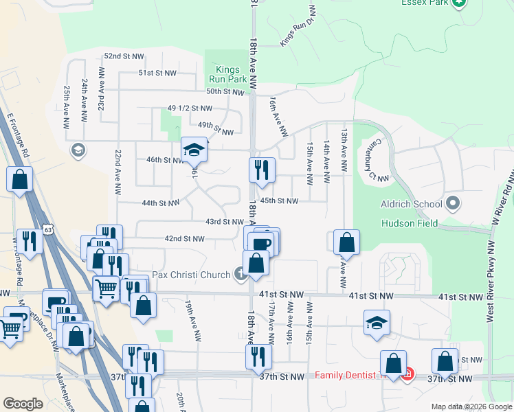 map of restaurants, bars, coffee shops, grocery stores, and more near 1803 43rd Street Northwest in Rochester