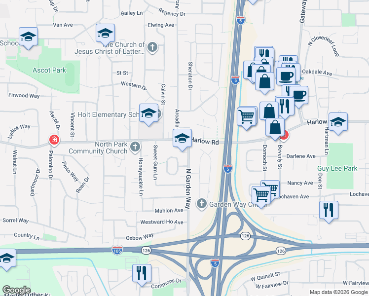 map of restaurants, bars, coffee shops, grocery stores, and more near 654 North Garden Way in Eugene