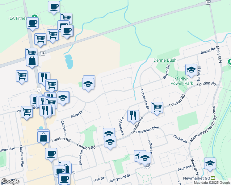 map of restaurants, bars, coffee shops, grocery stores, and more near 212 Bristol Road in Newmarket