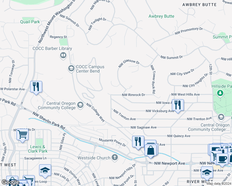 map of restaurants, bars, coffee shops, grocery stores, and more near 2034 Northwest Rimrock Drive in Bend