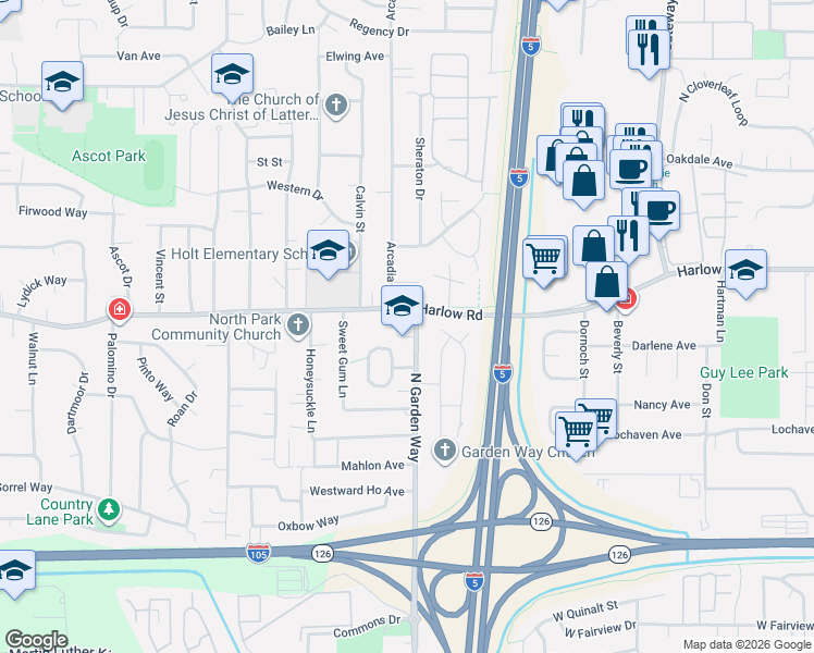 map of restaurants, bars, coffee shops, grocery stores, and more near 654 North Garden Way in Eugene