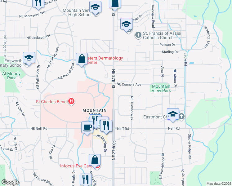 map of restaurants, bars, coffee shops, grocery stores, and more near 2747 Northeast Conners Avenue in Bend
