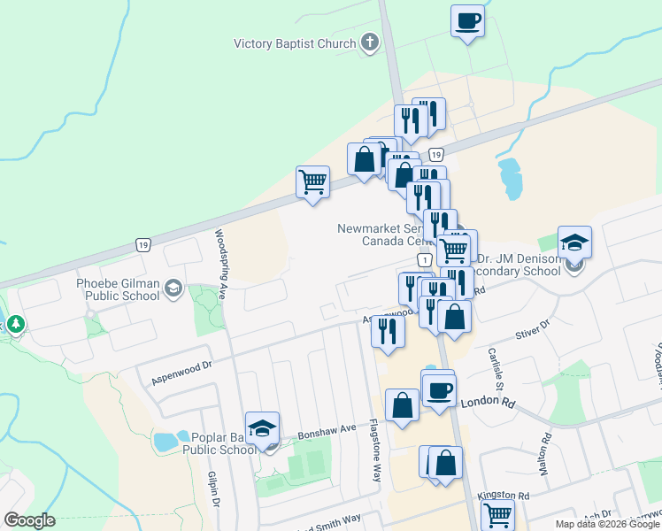 map of restaurants, bars, coffee shops, grocery stores, and more near in East Gwillimbury