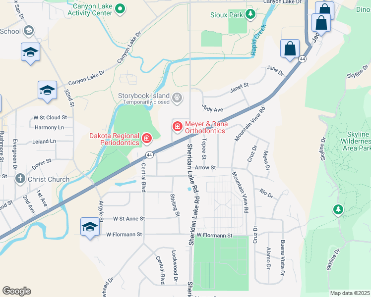 map of restaurants, bars, coffee shops, grocery stores, and more near 2611 Jackson Boulevard in Rapid City