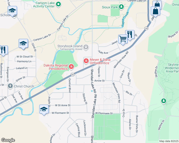 map of restaurants, bars, coffee shops, grocery stores, and more near 2611 Jackson Boulevard in Rapid City
