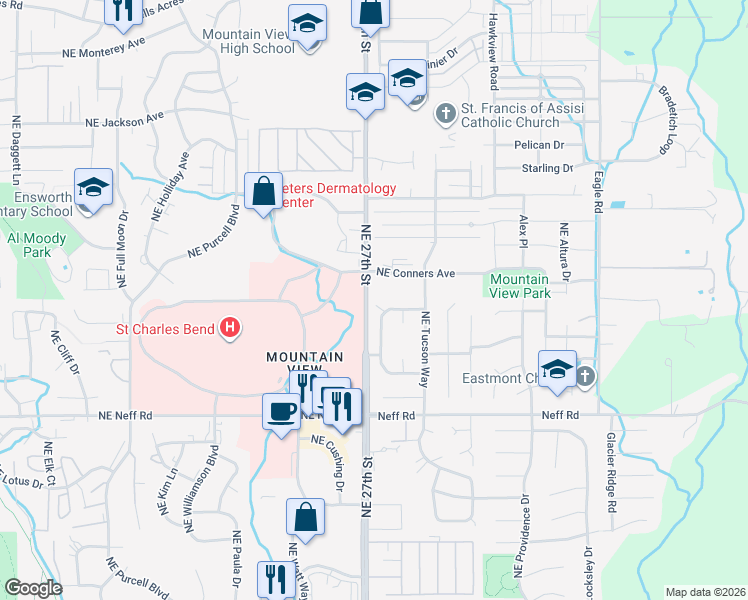 map of restaurants, bars, coffee shops, grocery stores, and more near 2747 Northeast Conners Avenue in Bend