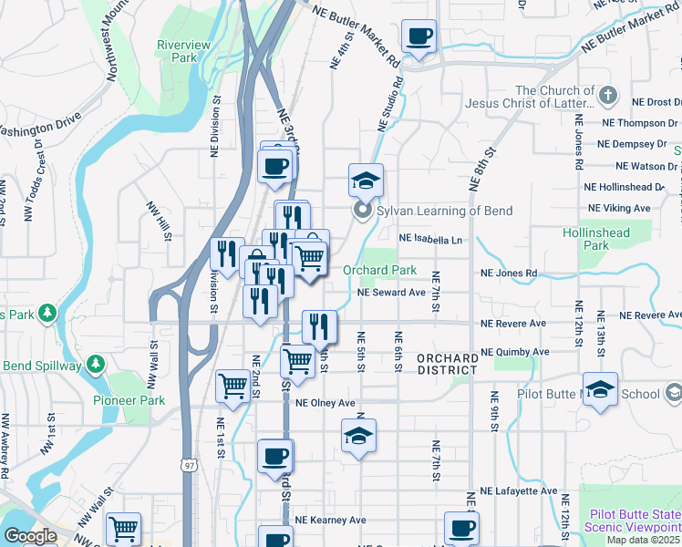 map of restaurants, bars, coffee shops, grocery stores, and more near 408 Northeast Thurston Avenue in Bend