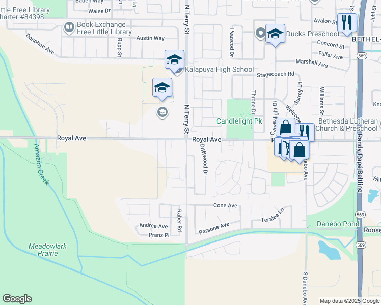 map of restaurants, bars, coffee shops, grocery stores, and more near 5102 Royal Avenue in Eugene