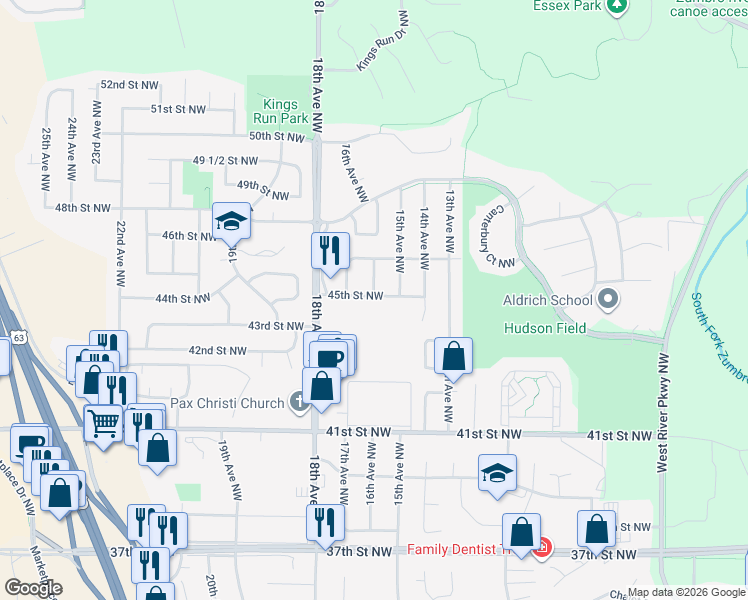 map of restaurants, bars, coffee shops, grocery stores, and more near 4515 16th Avenue Northwest in Rochester
