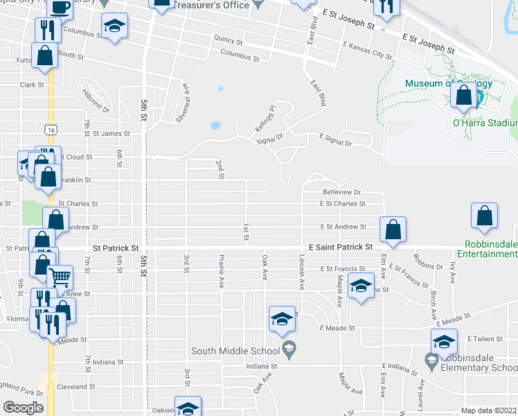 map of restaurants, bars, coffee shops, grocery stores, and more near 53 Saint Charles Street in Rapid City