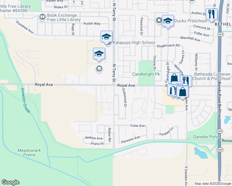 map of restaurants, bars, coffee shops, grocery stores, and more near 5102 Royal Avenue in Eugene