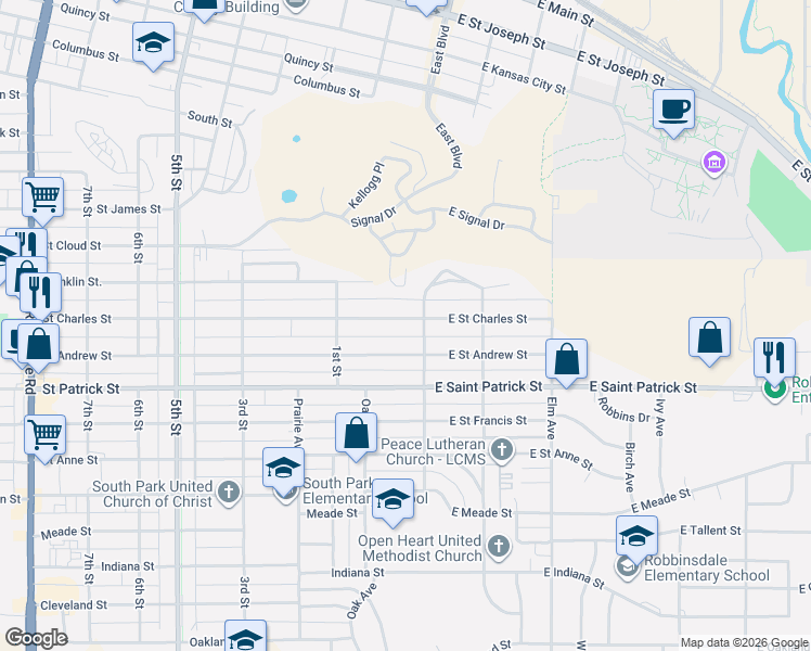 map of restaurants, bars, coffee shops, grocery stores, and more near 20 St Charles St in Rapid City