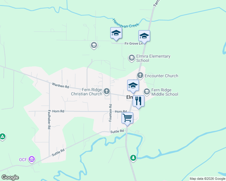 map of restaurants, bars, coffee shops, grocery stores, and more near 88863 Fountain Road in Elmira