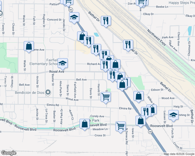 map of restaurants, bars, coffee shops, grocery stores, and more near 3155 Bell Avenue in Eugene