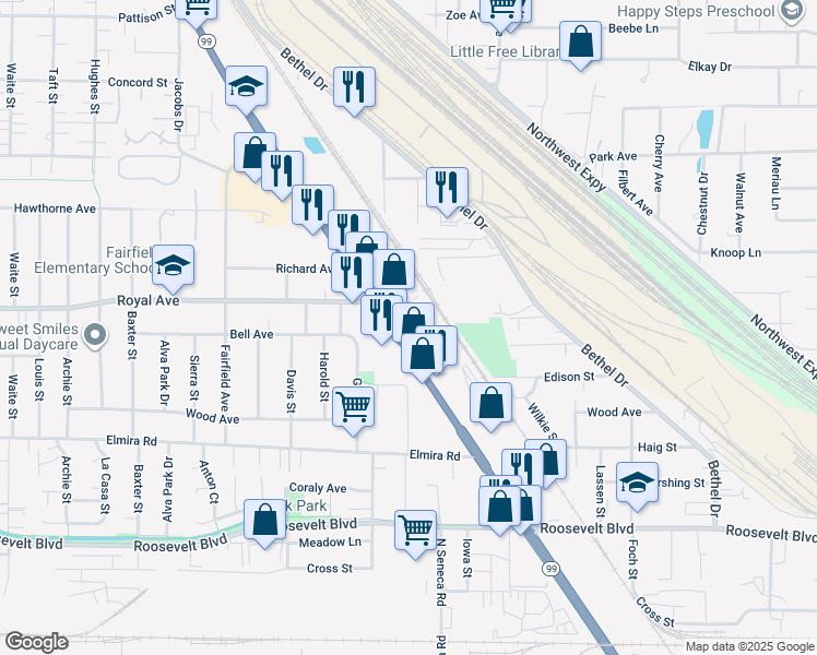 map of restaurants, bars, coffee shops, grocery stores, and more near 751 State Highway 99 North in Eugene