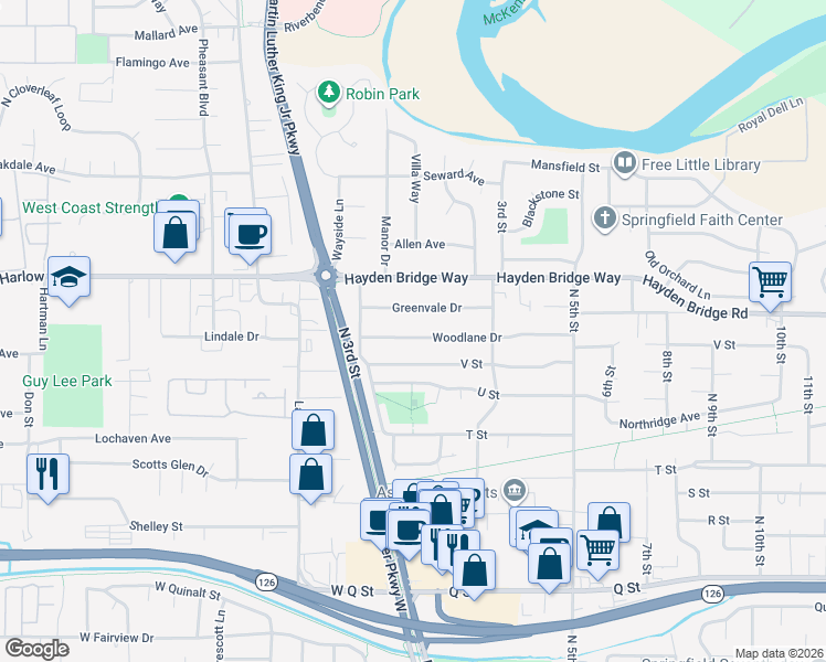 map of restaurants, bars, coffee shops, grocery stores, and more near 123 Greenvale Drive in Springfield