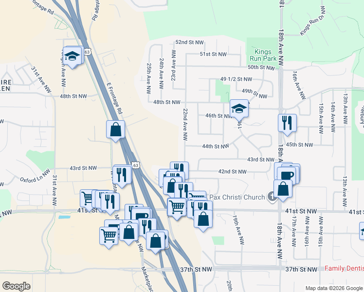 map of restaurants, bars, coffee shops, grocery stores, and more near 4427 22nd Avenue Northwest in Rochester