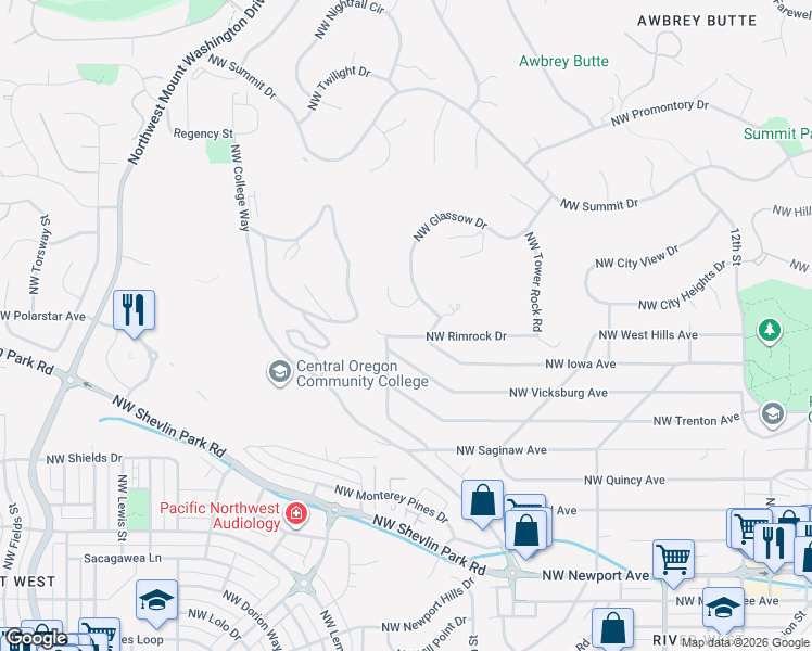 map of restaurants, bars, coffee shops, grocery stores, and more near 1923 Northwest Sun Ray Court in Bend