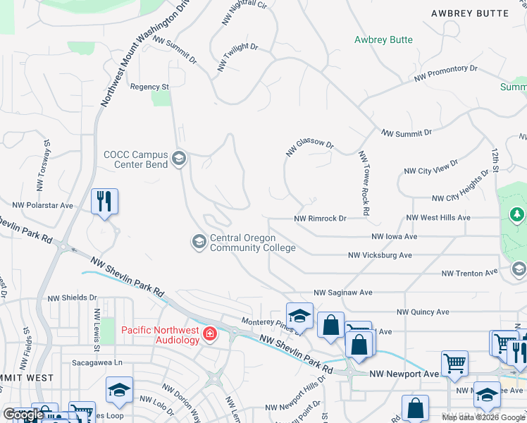 map of restaurants, bars, coffee shops, grocery stores, and more near 1923 Northwest Sun Ray Court in Bend