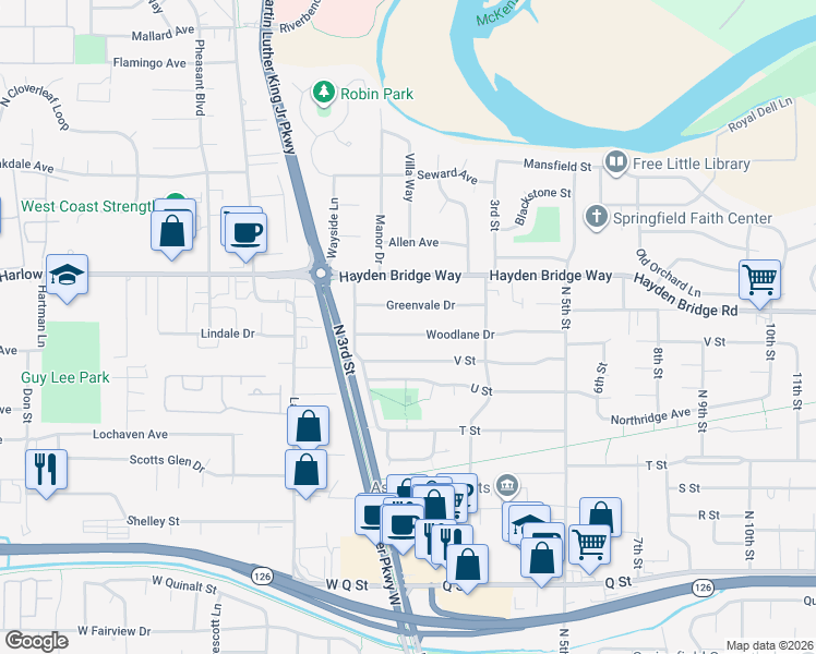 map of restaurants, bars, coffee shops, grocery stores, and more near 123 Greenvale Drive in Springfield