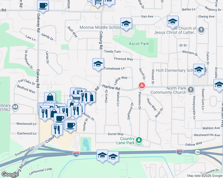 map of restaurants, bars, coffee shops, grocery stores, and more near 2817 Lydick Way in Eugene