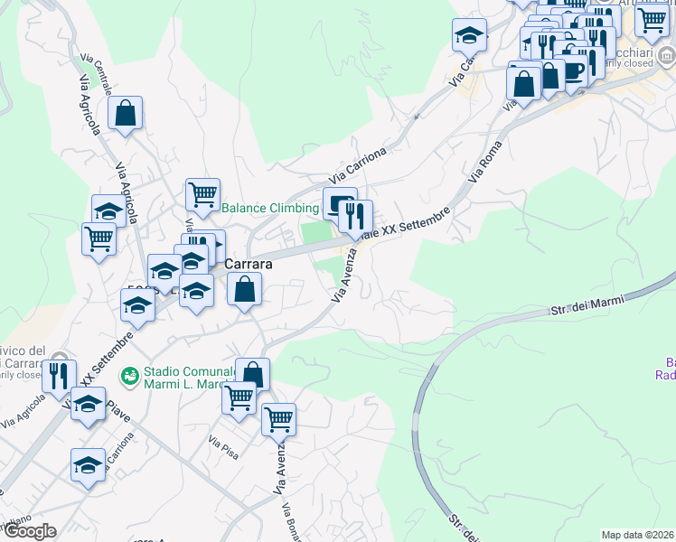 map of restaurants, bars, coffee shops, grocery stores, and more near 5 Via Provinciale Carrara-Avenza in Carrara
