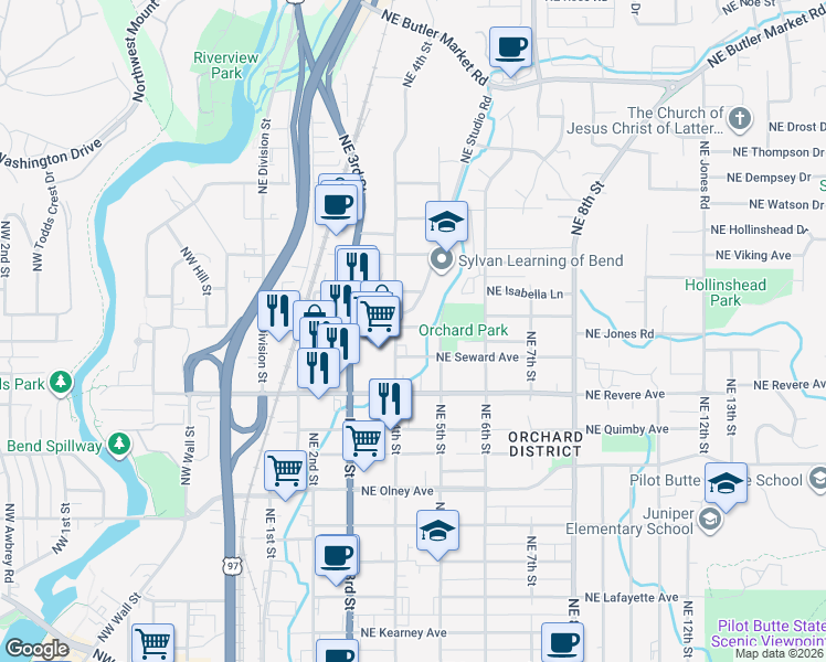 map of restaurants, bars, coffee shops, grocery stores, and more near 427 Northeast Thurston Avenue in Bend