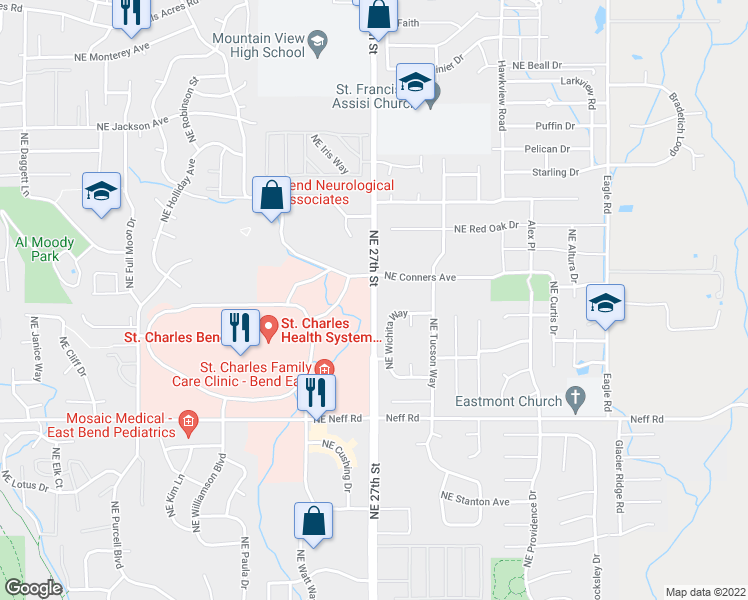 map of restaurants, bars, coffee shops, grocery stores, and more near 2300 Northeast 27th Street in Bend