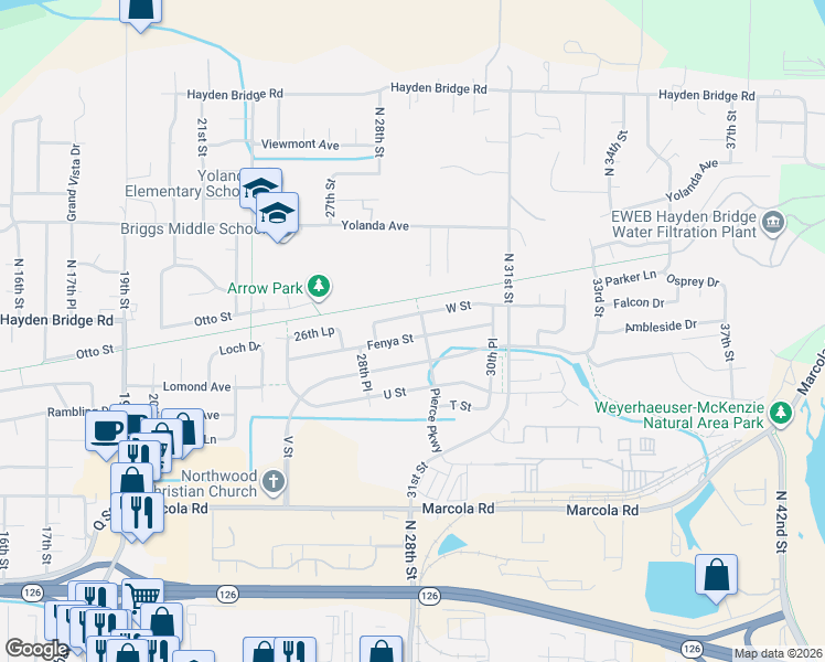map of restaurants, bars, coffee shops, grocery stores, and more near 2918 Fenya Street in Springfield