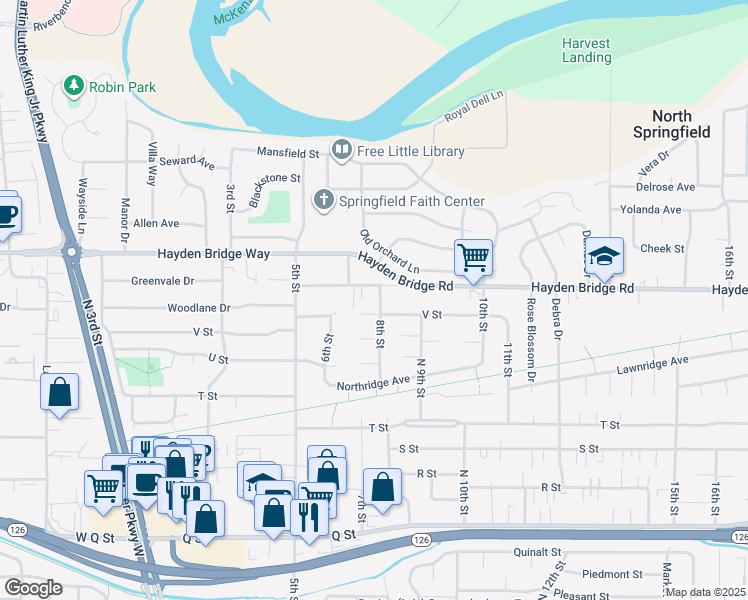 map of restaurants, bars, coffee shops, grocery stores, and more near 2440 8th Street in Springfield