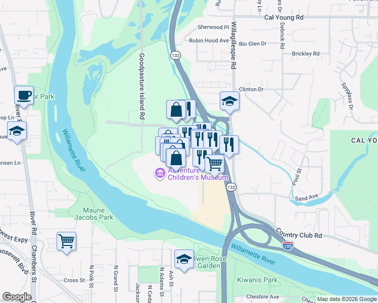 map of restaurants, bars, coffee shops, grocery stores, and more near 1085 Valley River Way in Eugene