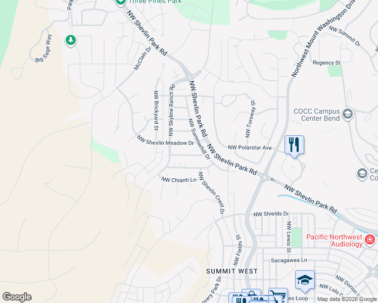 map of restaurants, bars, coffee shops, grocery stores, and more near 2948 Northwest Shevlin Meadow Drive in Bend