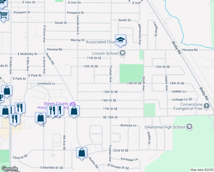 map of restaurants, bars, coffee shops, grocery stores, and more near 646 14th Street Southeast in Owatonna