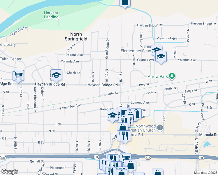 map of restaurants, bars, coffee shops, grocery stores, and more near 1819 Hayden Bridge Road in Springfield